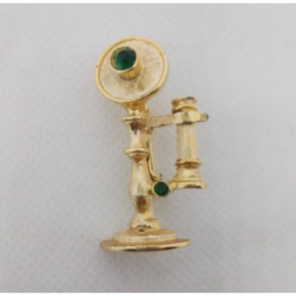 Vintage Gold-Toned Old Fashioned Rotary Telephone Brooch With Green Rhinestones - Picture 6 of 11